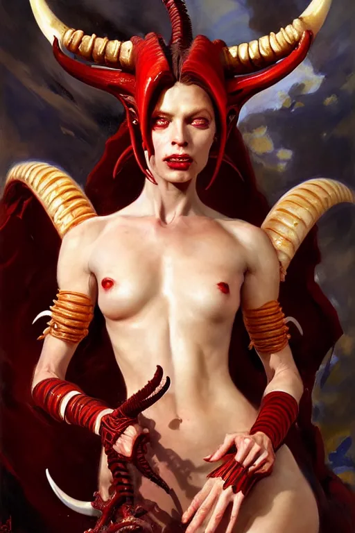 Image similar to painted close - up portrait of a very attractive red - skinned intimidating demon alien - xenomorph queen with ram horns! oil painting, wearing a noblewoman's outfit, fantasy art by john singer sargent and gaston bussiere and james jean and greg rutkowski, demon noble character design, hd