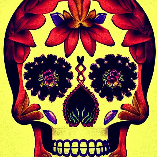 Prompt: high detail illustration, portrait of a sugar skull, backlight, atmospheric, vibrant colors, rule of thirds, trending on artstation