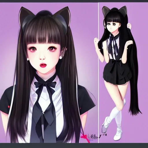 Image similar to realistic detailed semirealism beautiful gorgeous cute Blackpink Lalisa Manoban wearing Japanese school uniform, black hair black cat ears, black leather choker, proportional body, WLOP, Aztodio, Taejune Kim, sakimichan, ArtGerm, Pixiv, Instagram, Artstation