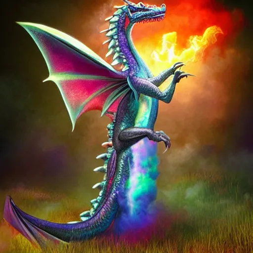 Prompt: a dragon made of opal crystals, breathing rainbow fire over a field of cotton candy grass, in the style of artgerm and ed binkley.