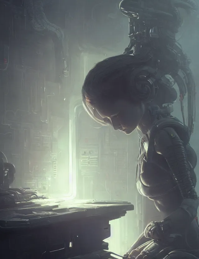 Prompt: a young woman studying from alien isolation concept art, art by ryo shiotani and greg rutkowski, intricate, beautiful, cute, cinematic lighting, vintage art by serge ivanoff, high resolution, very detailed