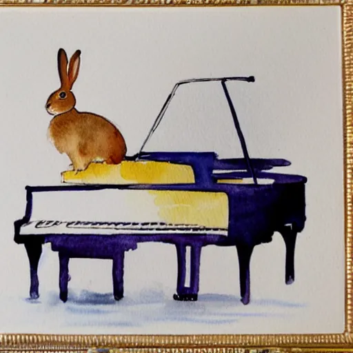 Prompt: a rabbit playing on a white grand piano inside a concert hall, realistic watercolour