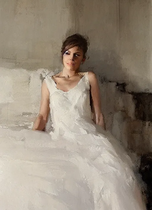 Prompt: portrait painting of a woman posing in an artistic over a bed, white lace wedding dress by jeremy mann, only one head single portrait