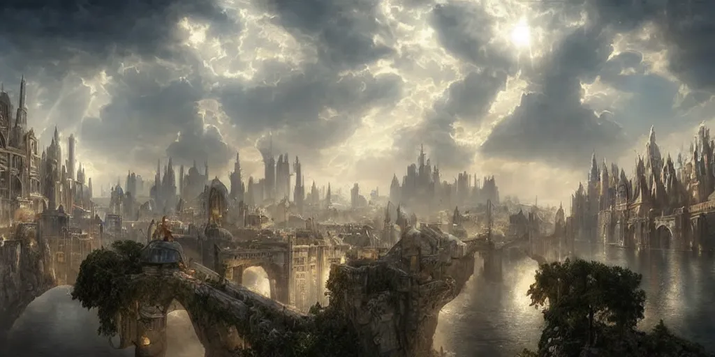 Image similar to beautiful fantasy city made from white stone and bright copper, medieval city, metropolis, magic, waterways, waterfalls, gorgeous clouds, white marble, god rays, digital art, landscape, fantasy art, octane render, ureal engine, high detail, very realistic, by greg rutkowski. by james gurney