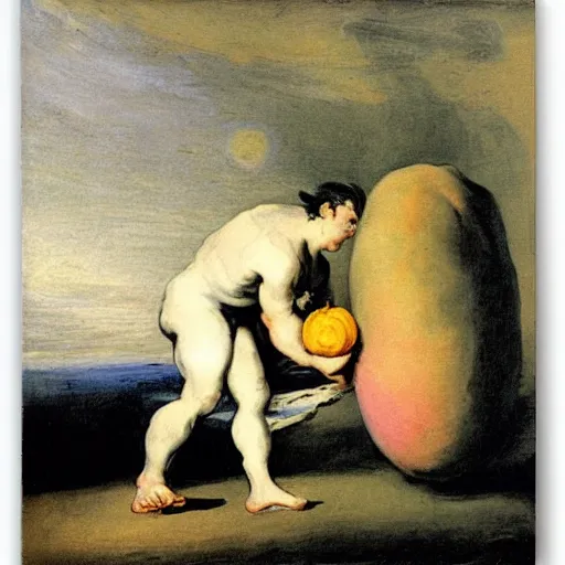 Prompt: saturn devouring a peach painting by francisco goya