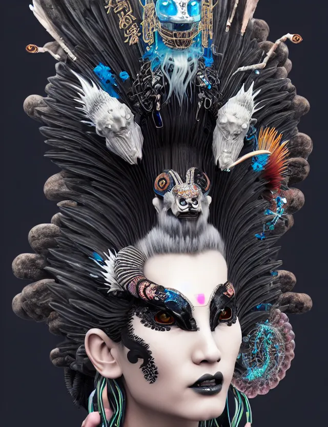 Image similar to 3 d goddess close - up profile portrait punk with mohawk with ram skull. beautiful intricately detailed japanese crow kitsune mask and clasical japanese kimono. betta fish, jellyfish phoenix, bio luminescent, plasma, ice, water, wind, creature, artwork by tooth wu and wlop and beeple and greg rutkowski