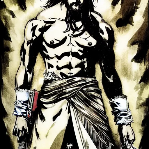 Image similar to jesus in a jojo dramatic pose, artwork by yoji shinkawa