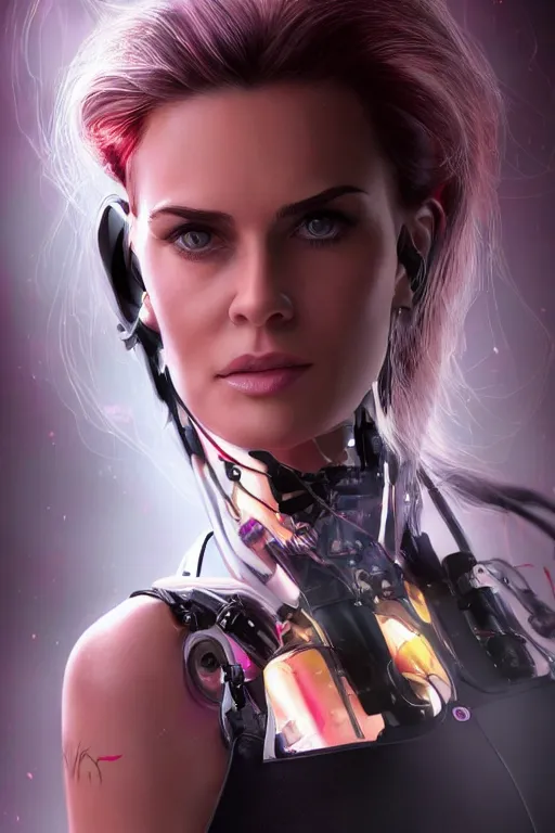 Image similar to mix of beautiful young maria shriver, mariel hemmingway, brooke shields, nicole kidman and elle macpherson as a cyborg terminator, thin lips, hair tied up in a pony tail, dark blonde hair, colorful, artstation, cgsociety