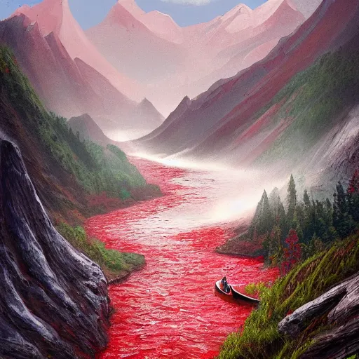 Image similar to a river of blood falls from the top of the fatal mountain, the elves sail along it in canoes, vivid color, highly detailed, mistic, digital painting, artstation, concept art, matte, sharp focus