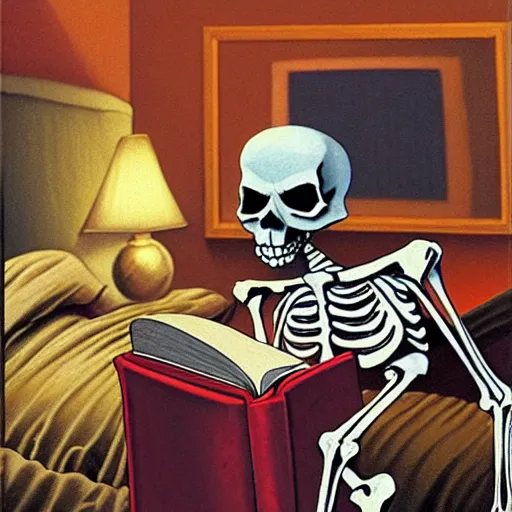 Image similar to a skeleton that is wearing pajamas in bed, and he is reading a big book, matte oil painting, by tim jacobus, goosebumps cover art, inside of a bedroom, 9 0 s, extremely detailed, sharp focus, 4 k