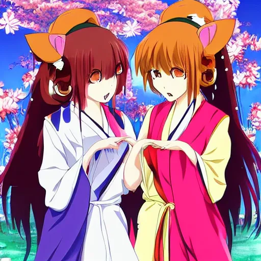 Image similar to a scene of two anime fox girls in kimonos standing face to face, detailed anime art