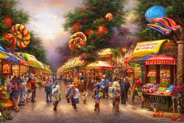 Image similar to a shopping street made completely from different kinds of candy, created by Mark Keathley