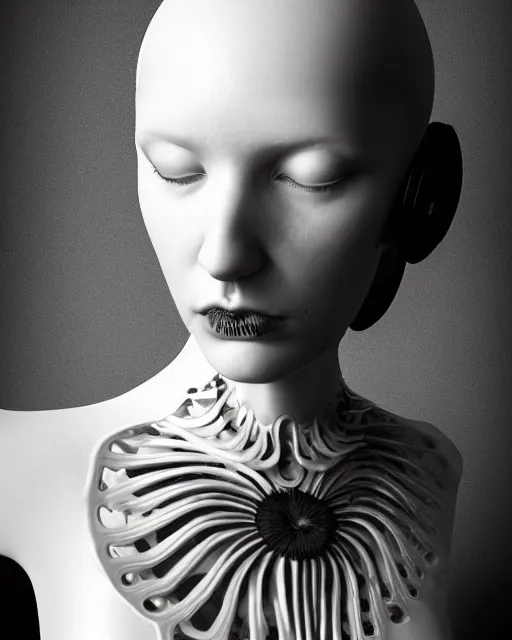 Image similar to black and white dreamy foggy smoky profile face portrait, one silver steampunk eye biomechanical beautiful young female cyclope - cyborg - robot bust, body ribs meshes,, volumetric light, hibiscus flowers, by hg giger, rim light, by dora maar and cecile beaton, big gothic fashion pearl embroidered collar, 8 k