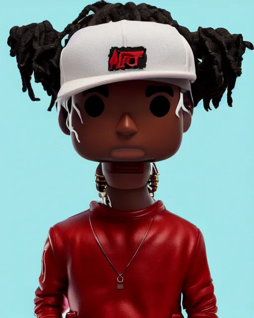 Image similar to full body 3d render of Travis Scott as a funko pop, studio lighting, white background, blender, trending on artstation, 8k, highly detailed