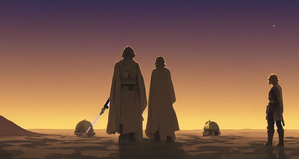 Prompt: beautiful wide shot tatooine landscape, Luke skywalker watches sunset, Star Wars a new hope 1977, studio ghibli, Miyazaki, Greg rutkowski, Alphonse mucha, Moebius , animation, golden hour, highly detailed, hdr, vivid color, 70mm