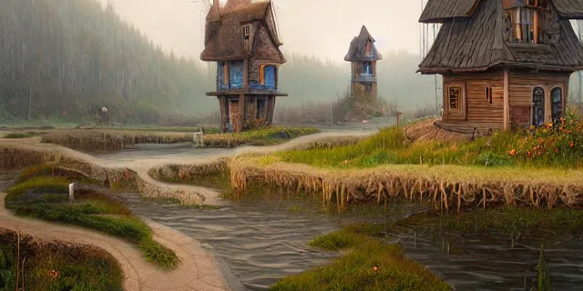 Image similar to painting costal villages overrun with weeping willows surrounded by a swap by tomasz alen kopera and cornelius dammrich with futuristic wood castle by eddie jones and simon stahlenhag