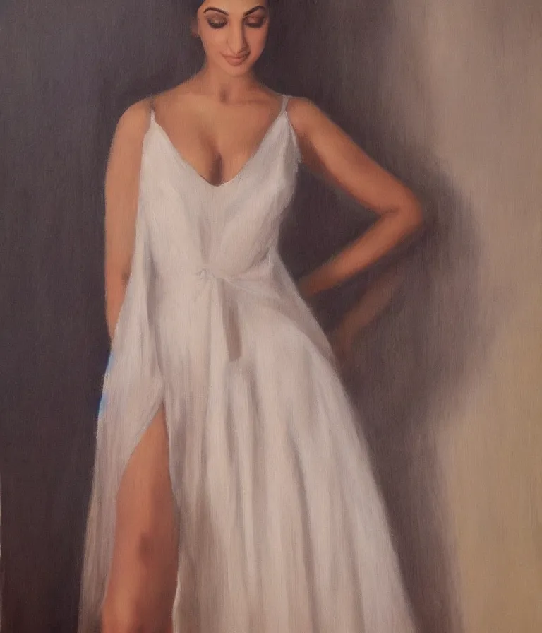 Image similar to Kiara Advani in V-neck minidress. history painting, dusk, flowy dress, artstation, oil on canvas, by Albert Aublet, Private Collection