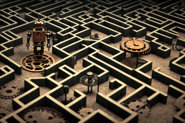 Prompt: a single steampunk robot in a maze by otto dix, tilt shift, ultra realistic, unreal engine, trending on artstation, 4 k