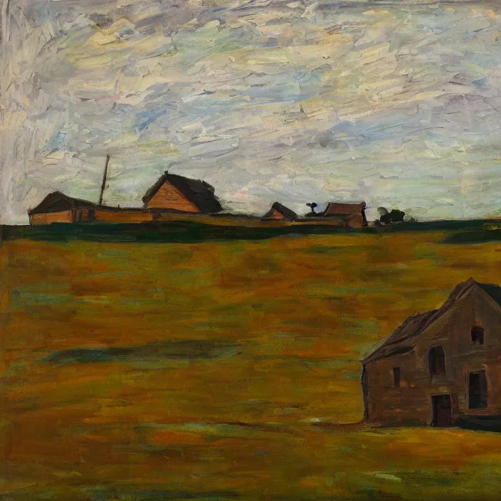 Image similar to a building in a serene landscape, expressionism