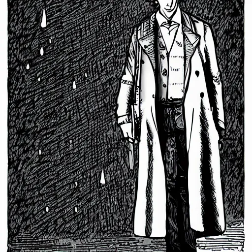 Prompt: Sherlock Holmes standing in the rain in the style of Junji Ito