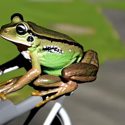 Prompt: photograph of a frog riding a bicycle