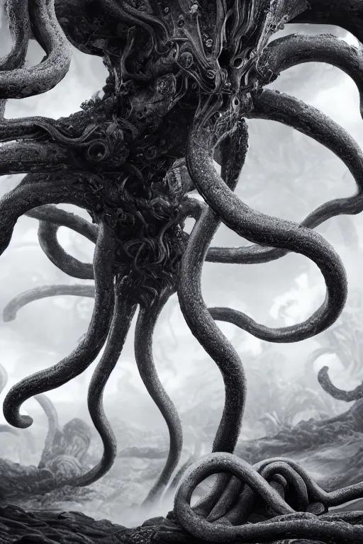 Prompt: giant ancient alien tentacles artwork by yoshitaka amano, black and white, detailed background, extremely detailed, octane rendering, sharp focus, volumetric light, particles, unreal engine 5, rtx