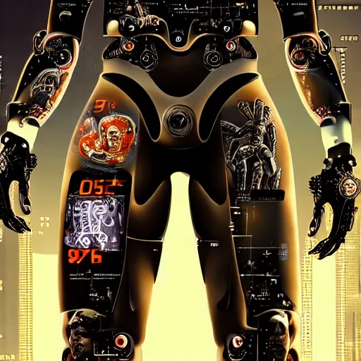 Image similar to ultra realist intricate detailed pin - up painting of ronaldo nazario as a single rugged cyborg male, and cyborg tech on body and legs, symmetry accurate features, cyberpunk, industrial, apocalyptic, very intricate details, focus, high resolution, 8 k resolution, dramatic lighting, artstyle hiraku tanaka, award winning