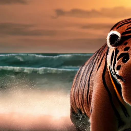 Image similar to a closeup photorealistic photograph of a cute stylish tiger hippo playing volleyball at the beach during sunset. Surf in the background. This 4K HD image is Trending on Artstation, featured on Behance, well-rendered, extra crisp, features intricate detail and the style of Unreal Engine.