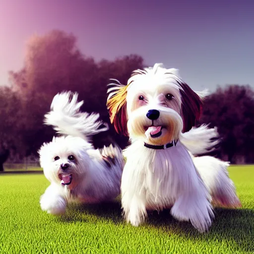 Prompt: a parti colored white and brown havanese dog playing on a grassy field, detailed, octane render, 4 k