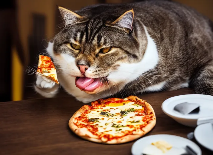 Image similar to photo of a very fat cat angrily eating a slice of cheesy pizza. nikon d 8 5 0 5 5 mm.