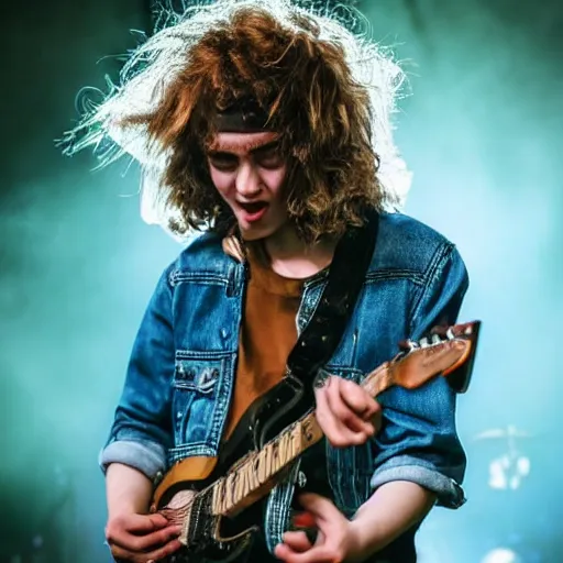 Image similar to 1 9 - year - old boy with shaggy, unkempt, permed hair, double denim, headbanging, playing electric guitar, heavy rock concert, 2 0 2 1 live in concert, streaming 4 k quality