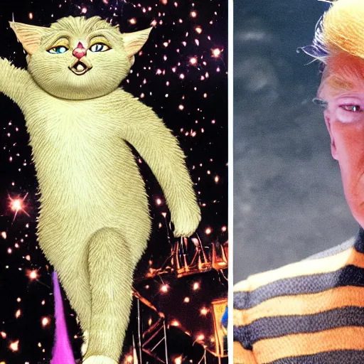 Image similar to donald trump ascending to the heaviside layer in the movie cats