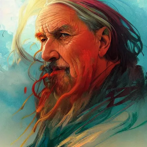 Image similar to The face of a wise but stern old man made out of swirling stormclouds in a stormy sky. Colorful, reds, yellows, blues. Beautiful, dreamy digital art by Artgerm and Greg Rutkowski and Alphonse Mucha