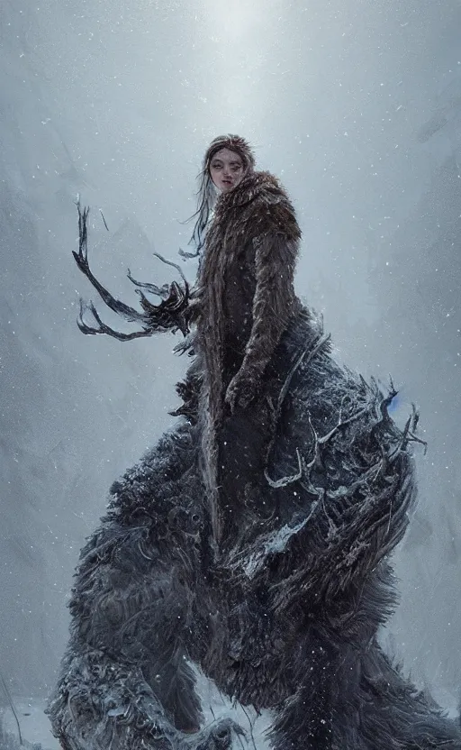 Image similar to portrait of a frozen monster creature, standing in a snowy field, fantasy, highly detailed, cinematic lighting, digital art painting by greg rutkowski