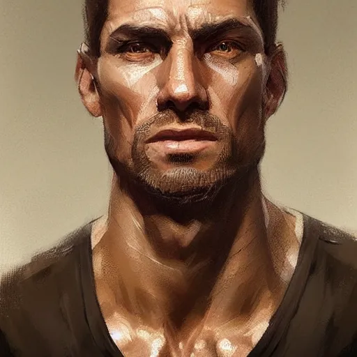 Prompt: Portrait of a man by Greg Rutkowski, he is about 40 years old, southern slav features, messy brown short hair, strong and tall, tired expression, he is a black tank top, highly detailed portrait, digital painting, artstation, concept art, smooth, sharp foccus ilustration, Artstation HQ.