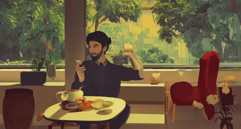 Prompt: isometric view, guy having chai, happy, flowers, absurdly beautiful, elegant, realistic ultrafine hyperrealistic detailed face illustration by amrita sher - gil and studio ghibli, intricate linework, sharp focus, bright colors, matte, unreal engine highly rendered, global illumination, radiant light, intricate environment