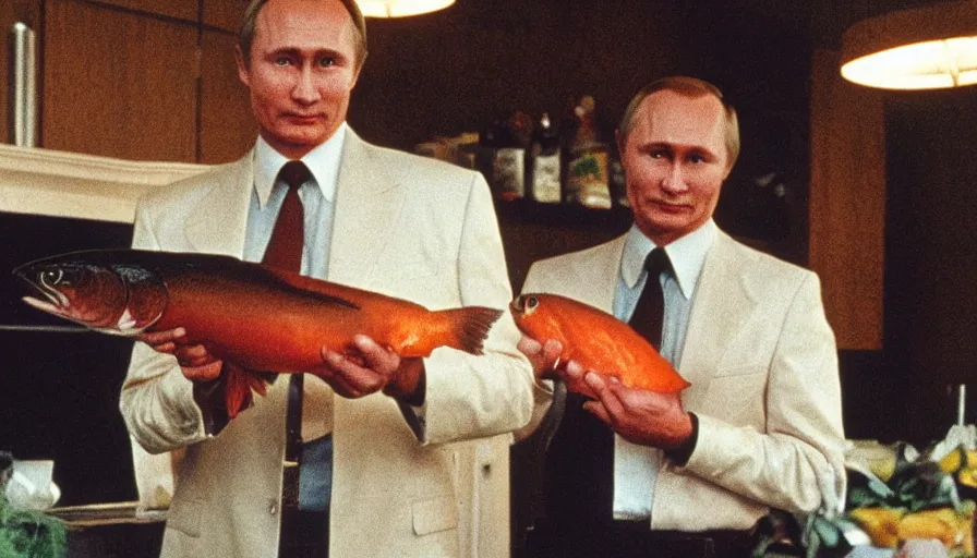 Image similar to 7 0 s movie still of putin in tellsell, proudly holding a salmon. cinestill 8 0 0 t _ 3 5 mm eastmancolor, heavy grain, high quality, high detail