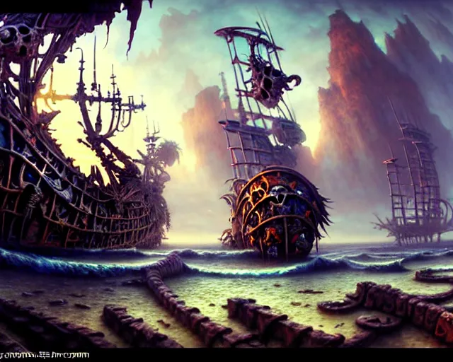 Prompt: street view of a wrecked pirate ship made of bones, fantasy landscape made of fractals facing each other, ultra realistic, wide angle, intricate details, the fifth element artifacts, highly detailed by peter mohrbacher, hajime sorayama, wayne barlowe, boris vallejo, aaron horkey, gaston bussiere, craig mullins