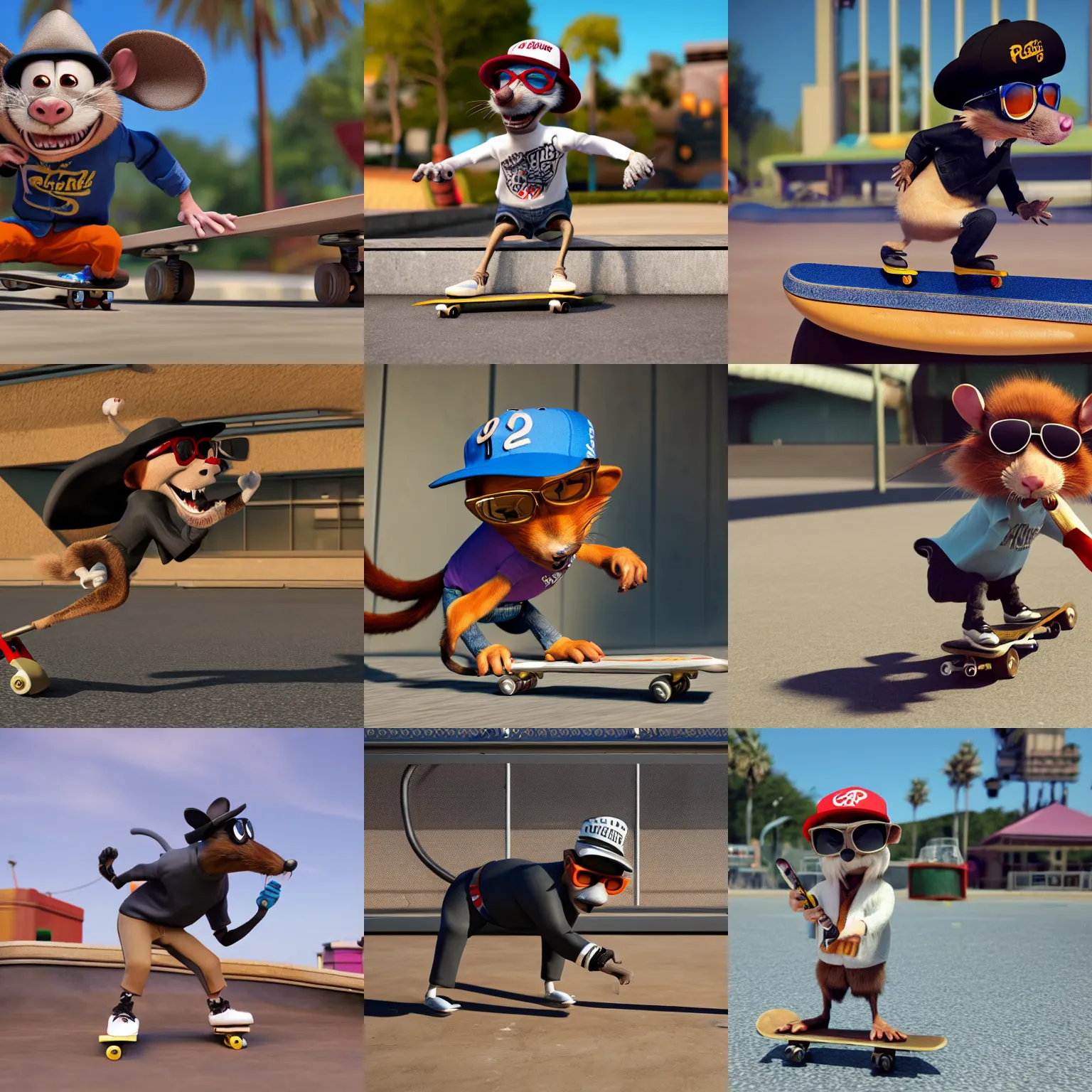 Prompt: a still of an anthropomorphic gangster rat, wearing sunglasses and a baseball cap, long fur, performing skateboarding tricks at a skatepark in a Disney Pixar movie, 35mm f2.8, 4k, artstation, PBR materials, Pixar renderman render