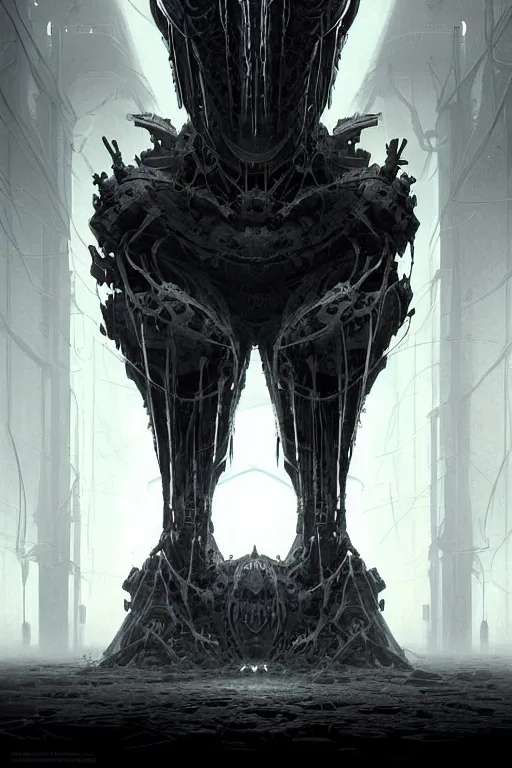 Image similar to professional concept art of a symmetrical fractal ominous floating robotic terrifying thing in a dark room by artgerm and greg rutkowski ( thin white border ). an intricate, elegant, highly detailed digital painting, concept art, smooth, sharp focus, illustration, in the style of cam sykes, wayne barlowe, igor kieryluk.