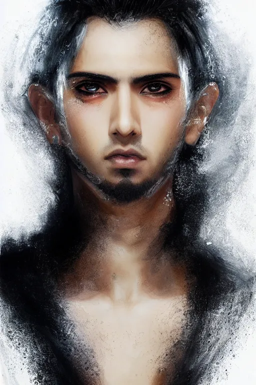 Image similar to beautiful medium shot portrait of a young arabic man casually dressed inspired by ayami kojima, three - quarters portrait, white background white bank studio light, artstation, movie poster, art by yoshitaka amano, hiroaki samura, jiro matsumoto and yusuke murata, sharp focus, high quality, 8 k