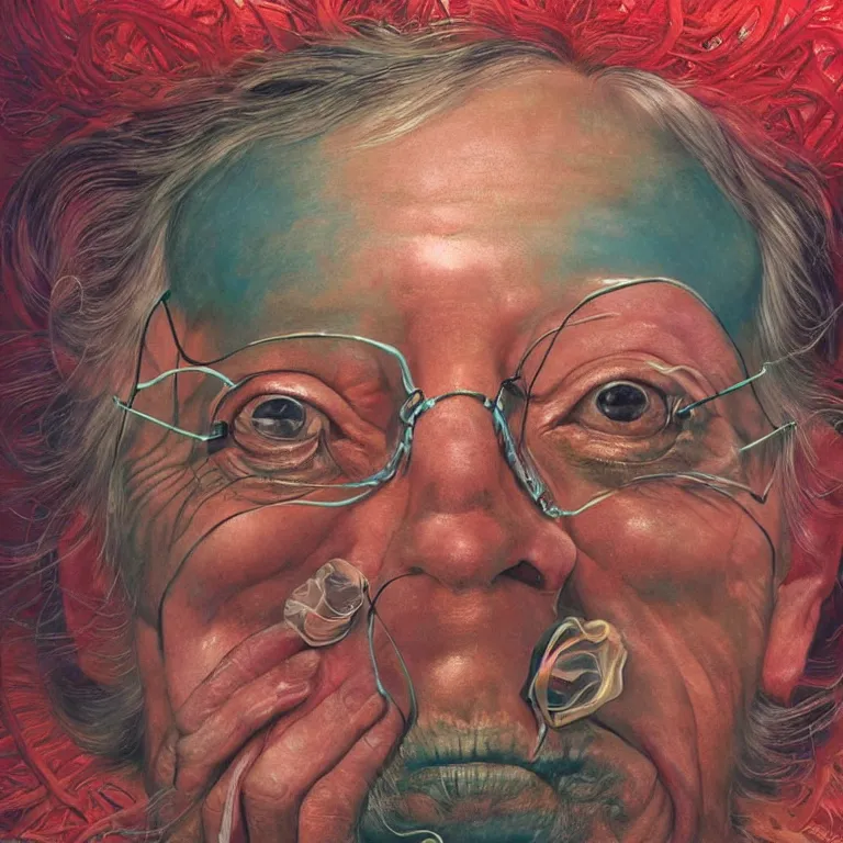 Image similar to Hyperrealistic intensely colored close up studio Photograph portrait of deep sea bioluminescent Senator Mitch McConnell, symmetrical face realistic proportions eye contact tentacles, Smiling in a coral reef underwater, award-winning portrait oil painting by Norman Rockwell and Zdzisław Beksiński vivid colors high contrast hyperrealism 8k