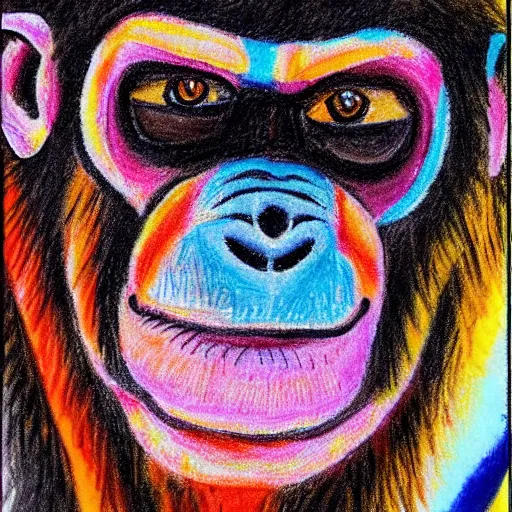 Prompt: self portrait made by a chimp, crayon, smudged, colorful, scribbled