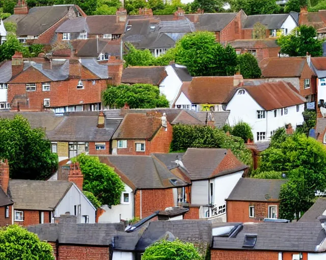 Image similar to view of a suburban british street from an upstairs window, sunny day, cars parked, 2006 photograph, colour