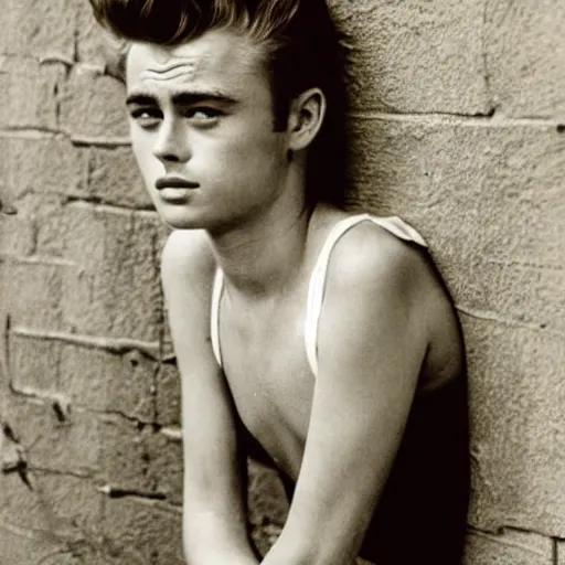 Image similar to James Dean as a girl, leaning against a wall in the 1950s