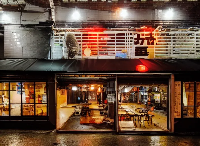 Image similar to exterior of an open cyberpunk ramen place during a rainy night