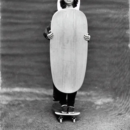 Image similar to a cute girl with curly black hair holding a skateboard, Daguerrotype