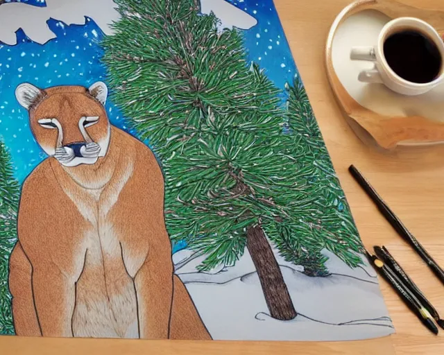 Image similar to unfinished colouring book showing 'a cougar sleeping in the middle of snowy pine tree' laying on coffee table, zoomed out shot, HD,