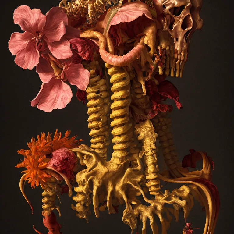 Prompt: still life of rotten flesh, beautiful tropical flowers, human spine, colorful mold, baroque painting, beautiful detailed intricate insanely detailed octane render, 8K artistic photography, photorealistic, chiaroscuro, Raphael, Caravaggio