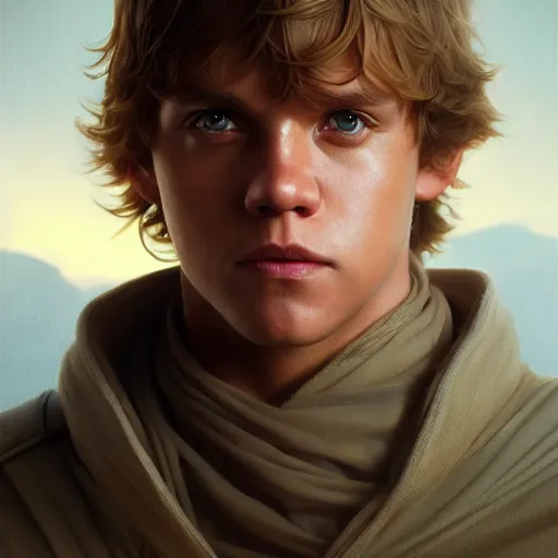 Image similar to a portrait of young luke skywalker cinematic lighting, photorealistic, octane render, 8 k, depth of field, 3 d, art by artgerm and greg rutkowski and alphonse mucha and uang guangjian and gil elvgren and sachin ten